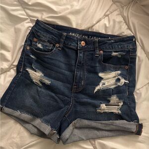 American Eagle Outfitters Dark Blue Distressed Denim Roll-Hem Shorts